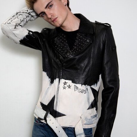 Hand-Painted Star Studded Leather Jacket // Black + White (XS)