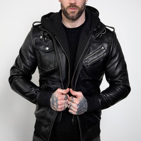 Onyx Layered Hoodie Leather jacket // Black (XS)