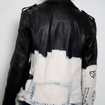 Hand-Painted Star Studded Leather Jacket // Black + White (M)