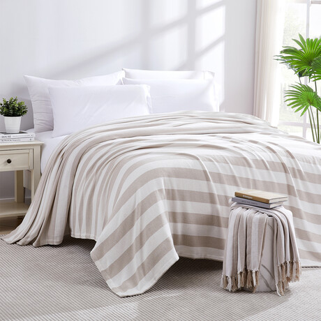 Striped Cotton Luxury Blankets & Throws // Taupe (King / Cal. King)