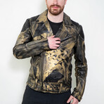 Hand-Painted 14K Gold Polygon Moto Leather Jacket // Gold + Black (L)