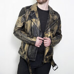 Hand-Painted 14K Gold Polygon Moto Leather Jacket // Gold + Black (L)