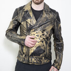 Hand-Painted 14K Gold Polygon Moto Leather Jacket // Gold + Black (L)