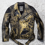 Hand-Painted 14K Gold Polygon Moto Leather Jacket // Gold + Black (L)