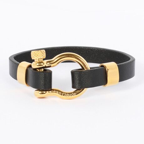 Jean Claude Jewelry // Leather Bracelet + Steel Clamp // Black + Gold  | length8-8.5 "  Width: 10.01mm