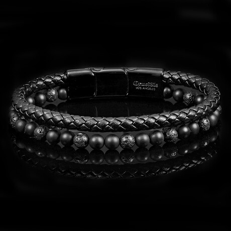 Lava + Onyx Stone + Layered Leather Cuff Bracelet // 8.75"