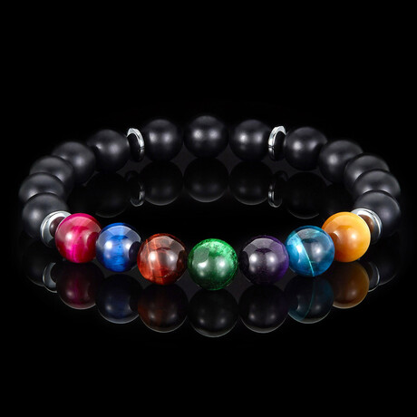 Multicolor Tiger Eye + Matte Onyx Stone Stretch Bracelet // 7.5"