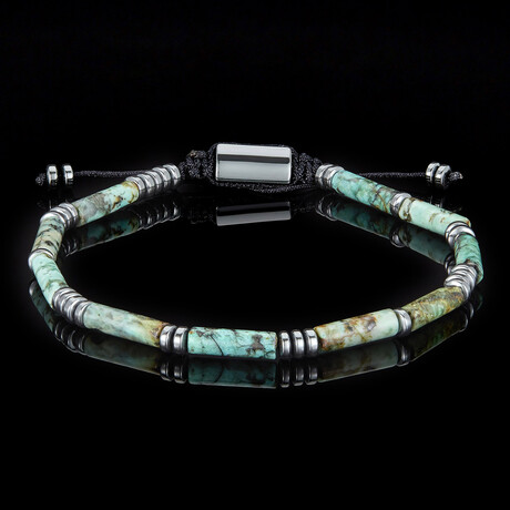 African Turquoise + Hematite Stone Adjustable Bracelet // 9"