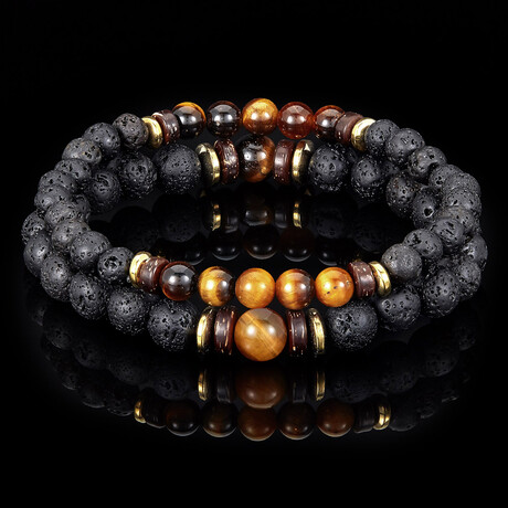 Tiger Eye + Gold Plated Hematite + Lava + Wood Bead Stretch Bracelets // Set of 2 // 8"