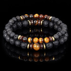 Tiger Eye + Gold Plated Hematite + Lava + Wood Bead Stretch Bracelets // Set of 2 // 8"
