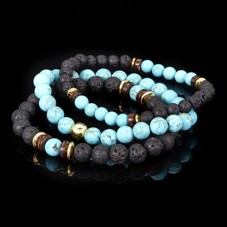 Turquoise + Gold Plated Hematite + Lava + Wood Bead Stretch Bracelets // Set of 3 // 8"