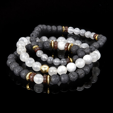 Cloud Crystal Quartz + Gold Plated Hematite + Lava + Wood Bead Stretch Bracelets // Set of 3 // 8"