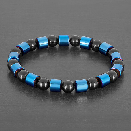 Blue Plated Hematite + Onyx Stone Stretch Bracelet // 8.25"