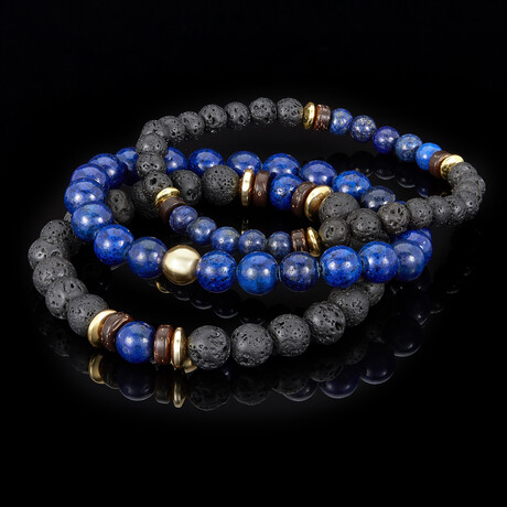 Lapis Lazuli + Gold Plated Hematite + Lava + Wood Bead Stretch Bracelets // Set of 3 // 8"