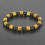 Gold Plated Hematite + Onyx Stone Stretch Bracelet // 8.25"