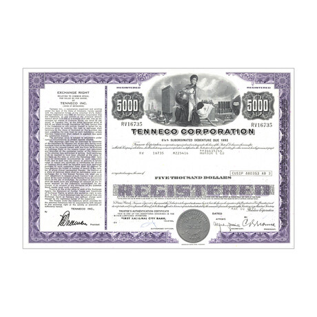 Tenneco Corp. Bond Certificate // $5,000 // Purple // 1960s-70s