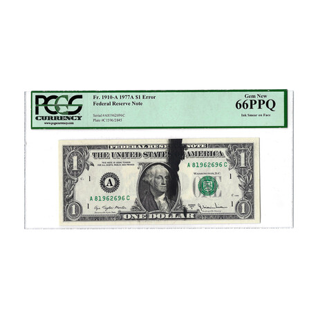 1977-A $1 Small Size Federal Reserve Note Ink Smear Error PCGS Gem New 66PPQ