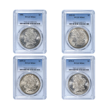 Remembering the Morgan Dollar: Four Different Mint Marks // PCGS Certified MS64 // Deluxe Collector's Pouch
