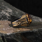 Amber Stone + Hand Engraved + Gold + Rhodium Plated Ring (Ring Size: 6)