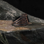 Handmade + Hand Engraved Amber Gemstone + Black Zircon Ring (Ring Size: 6)
