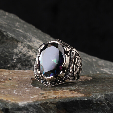 Hand Engraved + Mystical + Blue Topaz Gemstone Ring (Ring Size: 9)