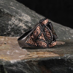 Hand Engraved + Rose Gold + Rhodium Plated Amber Ring (Ring Size: 6)