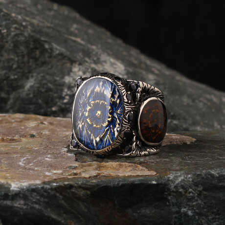 Hand Engraved + Handmade Enamel Dark Blue Zircon Ring (Ring Size: 6)