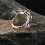 Hand Engraved + Zircon Gemstone + Rhodium Plated Ring (Ring Size: 6)