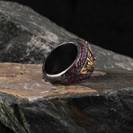 Lapis Lazuli + Garnet Gemstone Hand Engraved Gold Rhodium Ring (Ring Size: 6)