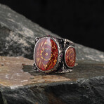 Handmade Enamel + Hand Engraved + Garnet Gemstone Ring (Ring Size: 6)