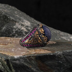 Lapis Lazuli + Garnet Gemstone Hand Engraved Gold Rhodium Ring (Ring Size: 6)