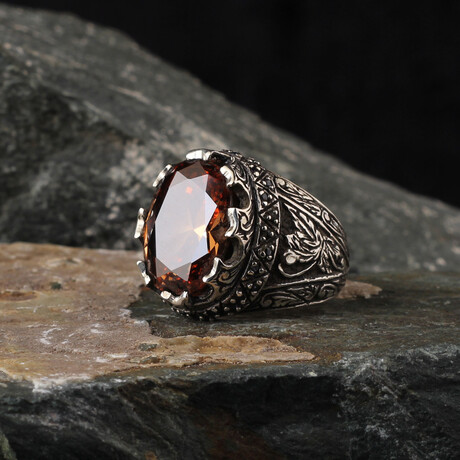 Hand Engraved + Black Zircon Ring (Ring Size: 6)