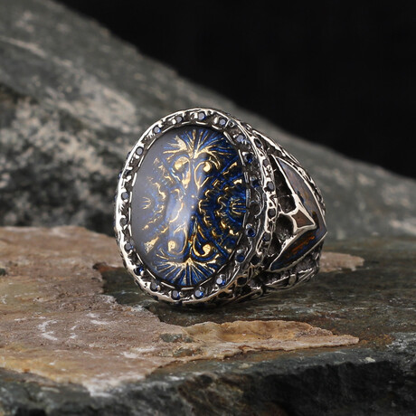 Hand Engraved + Handmade Enamel Blue Zircon Ring (Ring Size: 6)