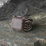 Hand Engraved + Square Cut Onyx Gemstone Ring (Ring Size: 6)