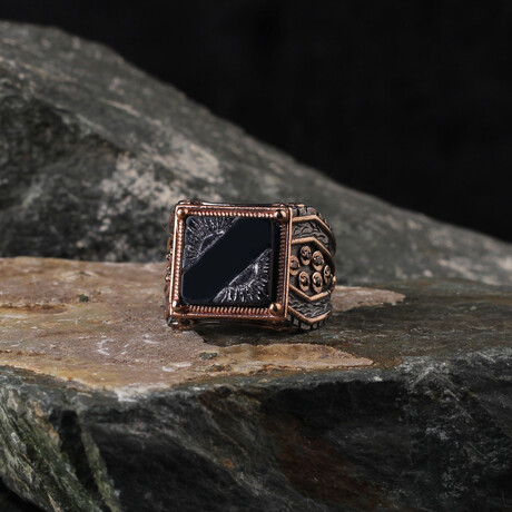 Handmade + Hand Engraved Amber Gemstone + Black Zircon Ring (Ring Size: 6)