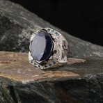Hand Engraved + Rhodium Plated + Sapphire + Blue Topaz Gemstone Ring (Ring Size: 6)