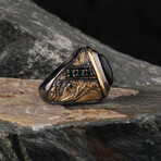 Tiger Eye Hand Engraved + Gold + Rhodium Plated Ring (Ring Size: 6)
