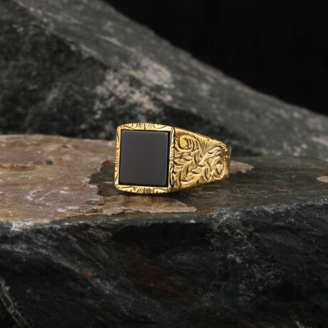 Onyx Hand Engraved + 24k Gold Plated Ring (Ring Size: 6)