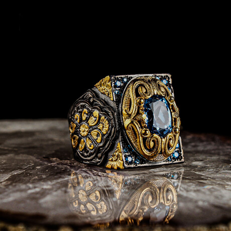 Hand Engraved + Gold + Rhodium Plated Ring V1 (Ring Size: 6)