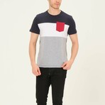 Crewneck Pocket Detail Blocked T-Shirt // Navy + White + Gray + Red (L)