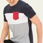 Crewneck Pocket Detail Blocked T-Shirt // Navy + White + Gray + Red (S)