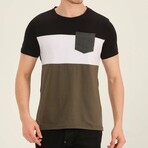Crewneck Pocket Detail Blocked T-Shirt // Black + White + Khaki + Anthracite (S)