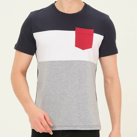 Crewneck Pocket Detail Blocked T-Shirt // Navy + White + Gray + Red (S)