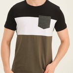 Crewneck Pocket Detail Blocked T-Shirt // Black + White + Khaki + Anthracite (S)
