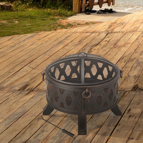 Decorative Steel Wood Burning Fire Pit with Poker and Spark Arrestor