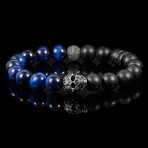 Steel Skull + Blue Tiger Eye + Matte Onyx Stone Stretch Bracelet // 8.25"