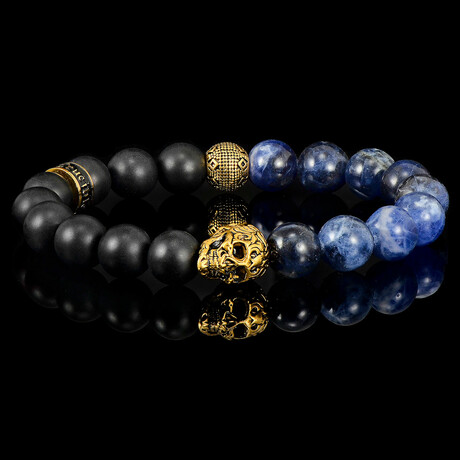 Gold Plated Steel Skull + Sodalite + Matte Onyx Stone Stretch Bracelet // 8"