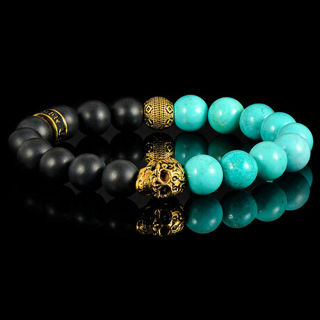 Gold Plated Stainless Steel Skull + Turquoise Stone + Matte Onyx Stone Stretch Bracelet // 7.75"