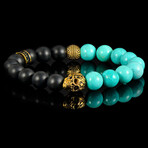 Gold Plated Steel Skull + Turquoise + Matte Onyx Stone Stretch Bracelet // 8"