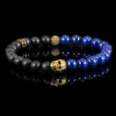 Gold Plated Stainless Steel Skull + Lapis Lazuli Stone + Matte Onyx Stone Stretch Bracelet // 8.5"